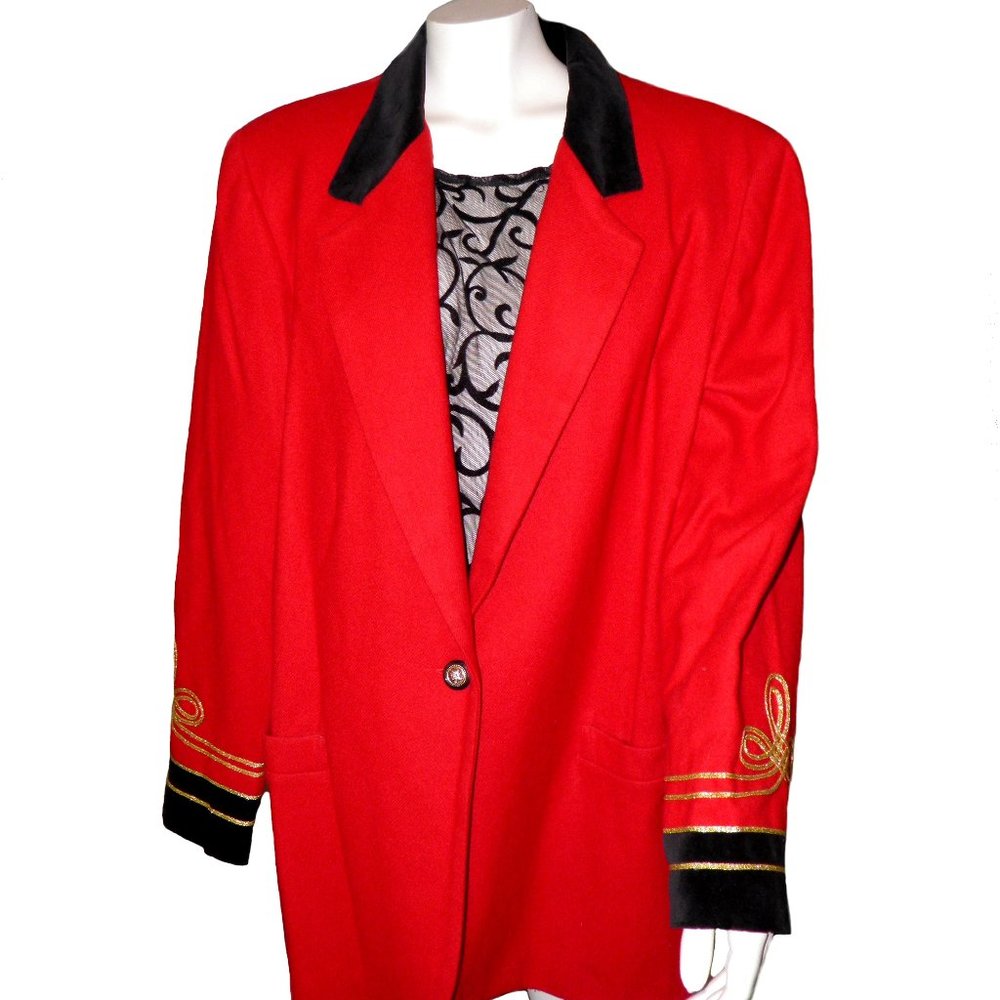 Women's Red Wool Blazer Jacket w/ Metallic Scroll
